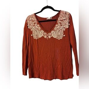 Springfield Women's Long Sleeve Tee with Crochet Detail Orange Rust Size Medium